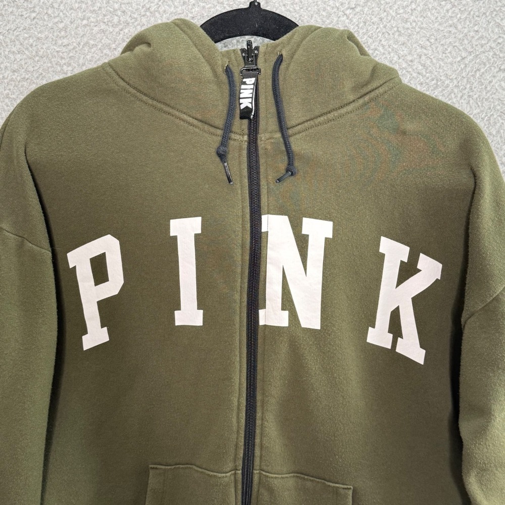 PINK Victorias Secret Olive Green Faux Fur Lined Full Zip Hoodie Logo Large - Picture 2 of 8